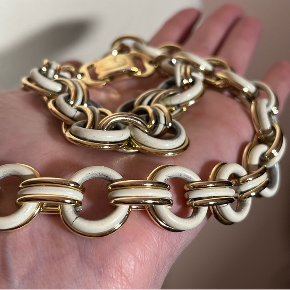 Vintage Trifari made in France 40 50 Retro Cream Gold Chain Chocker Necklace Set - Picture 14 of 17